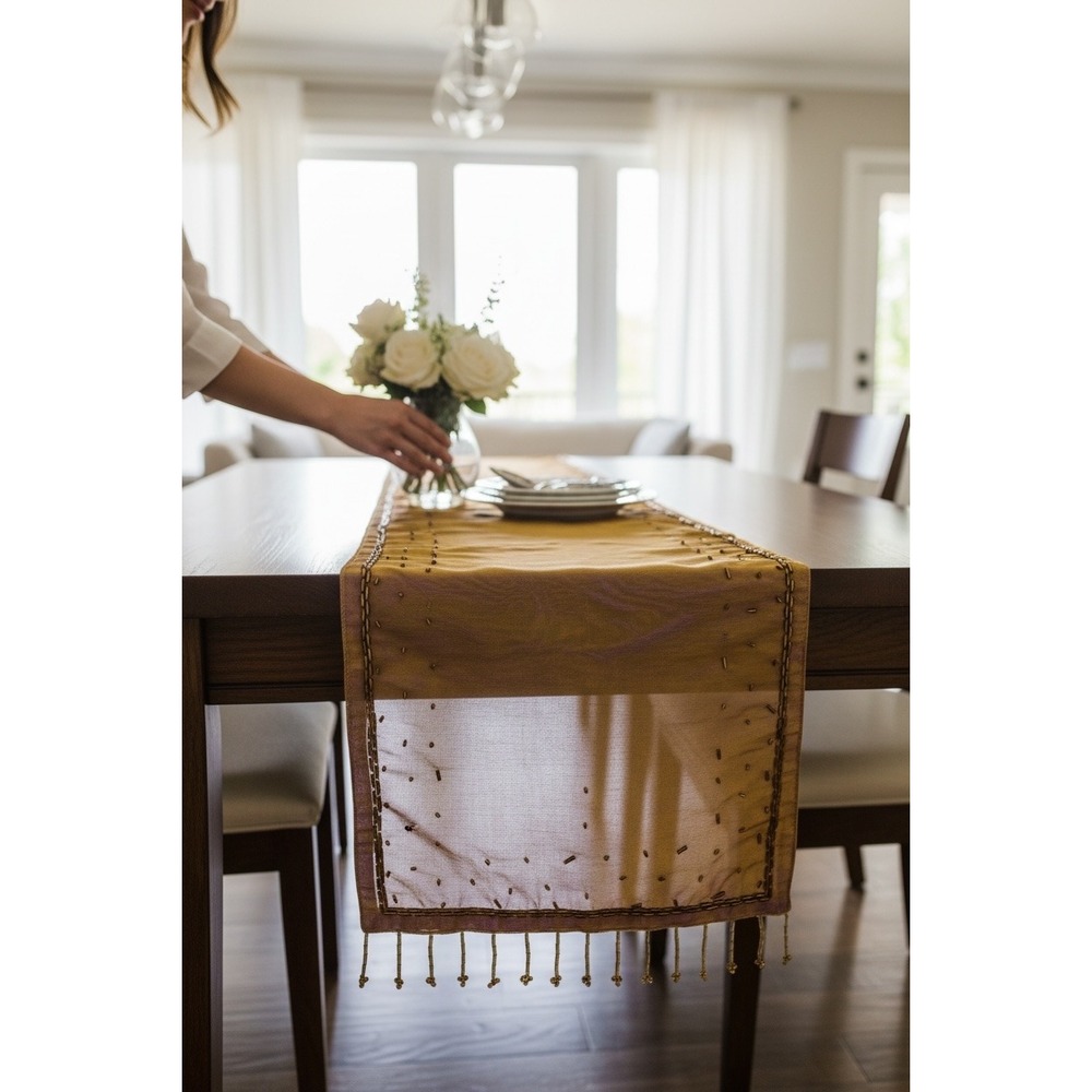 Gold Sheer Beaded Table Runner 68 Inch Iridescent Fringe Tassel Glam Decor